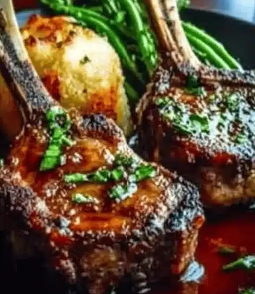 Delicious herb-crusted lamb chops served on a plate with fresh herbs.