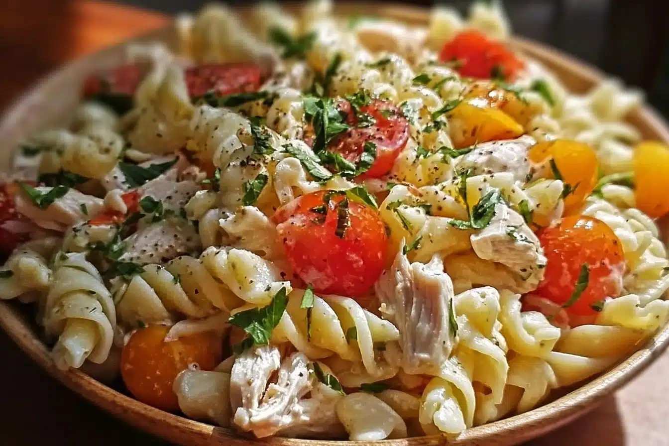 High-protein chicken pasta salad with vegetables and dressing