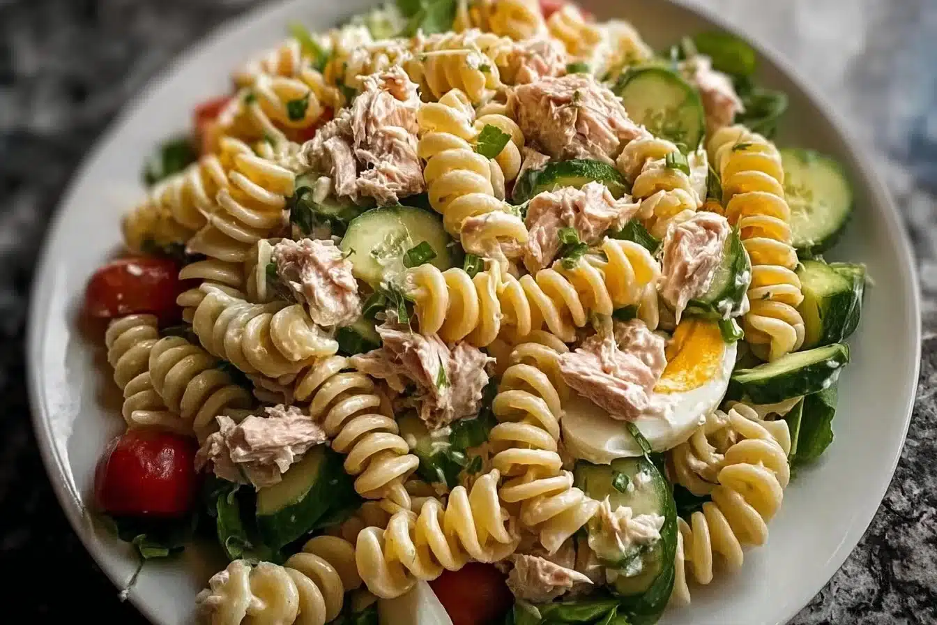 High-protein tuna pasta salad with fresh vegetables and dressing