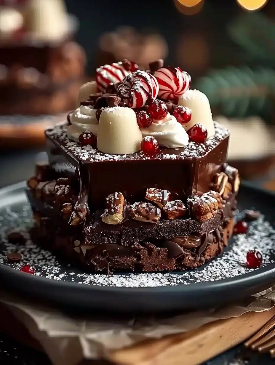 Delicious holiday chocolate ganache dessert with festive toppings