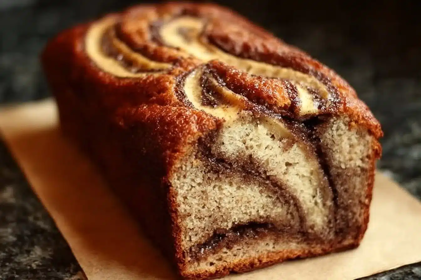 Homemade Cinnamon Swirl Banana Bread 3 Sliced homemade cinnamon swirl banana bread on a wooden board