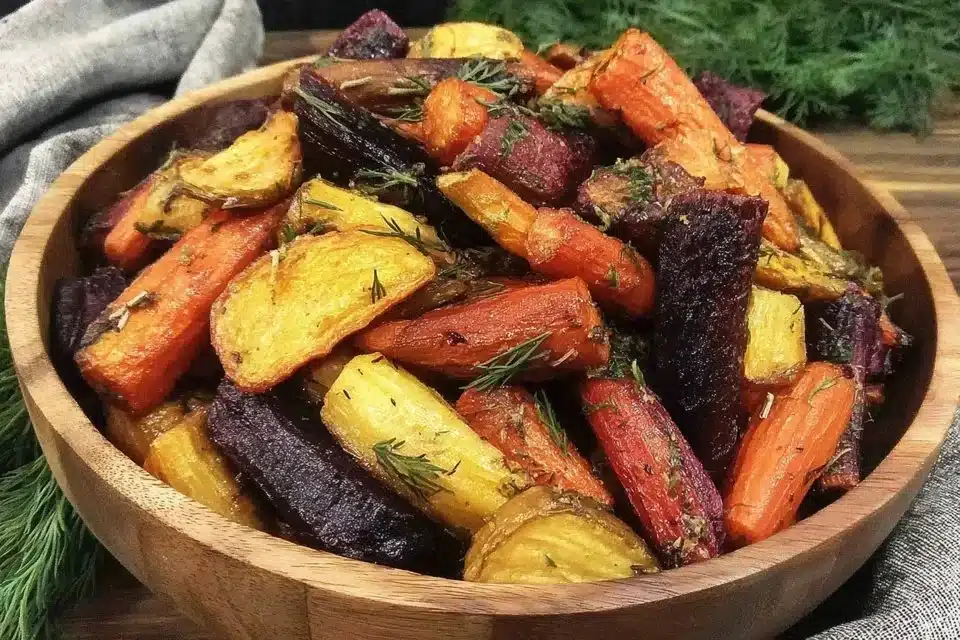 Plate of honey roasted root vegetables featuring carrots, parsnips, and beets.
