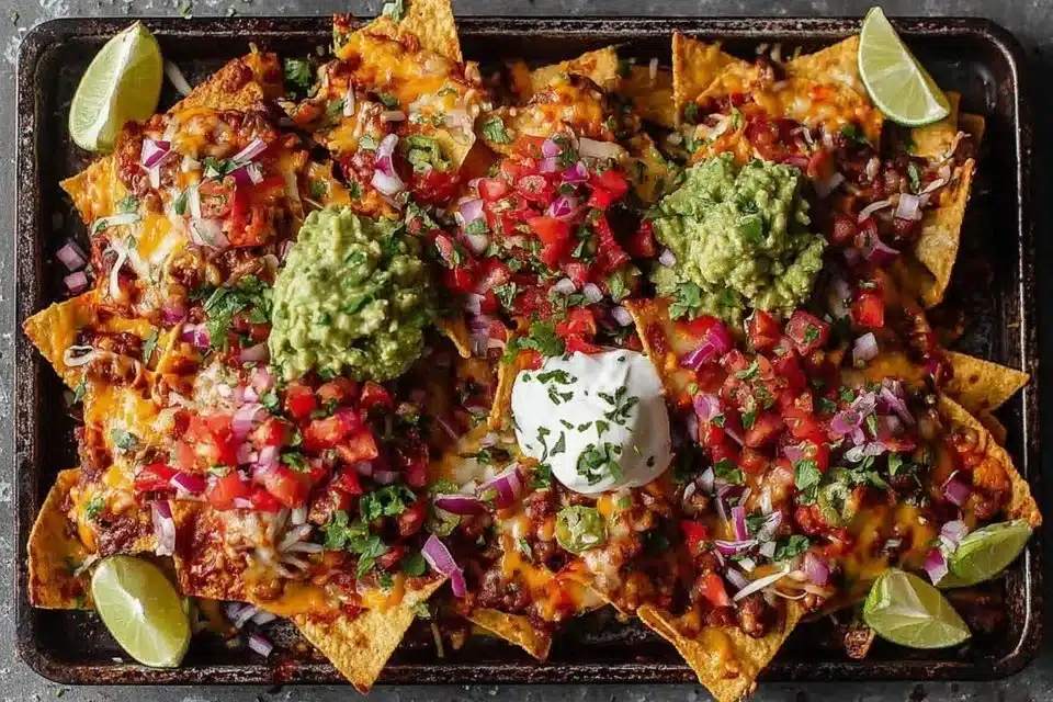 Plate of Cheesy Nachos Chaat topped with cheese, spices, and chutneys