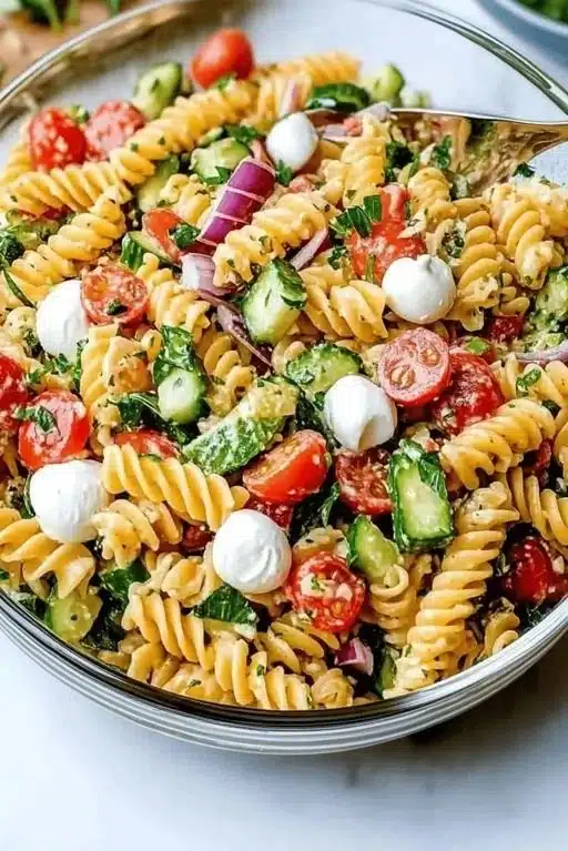 A colorful bowl of Italian pasta salad with fresh vegetables and herbs