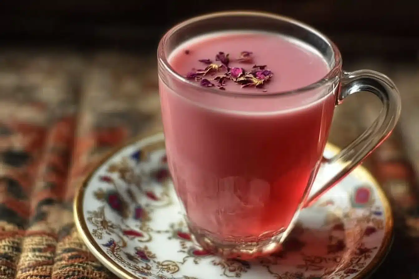 A cup of Kashmiri Pink Tea topped with almonds and spices, showcasing its rich pink color.
