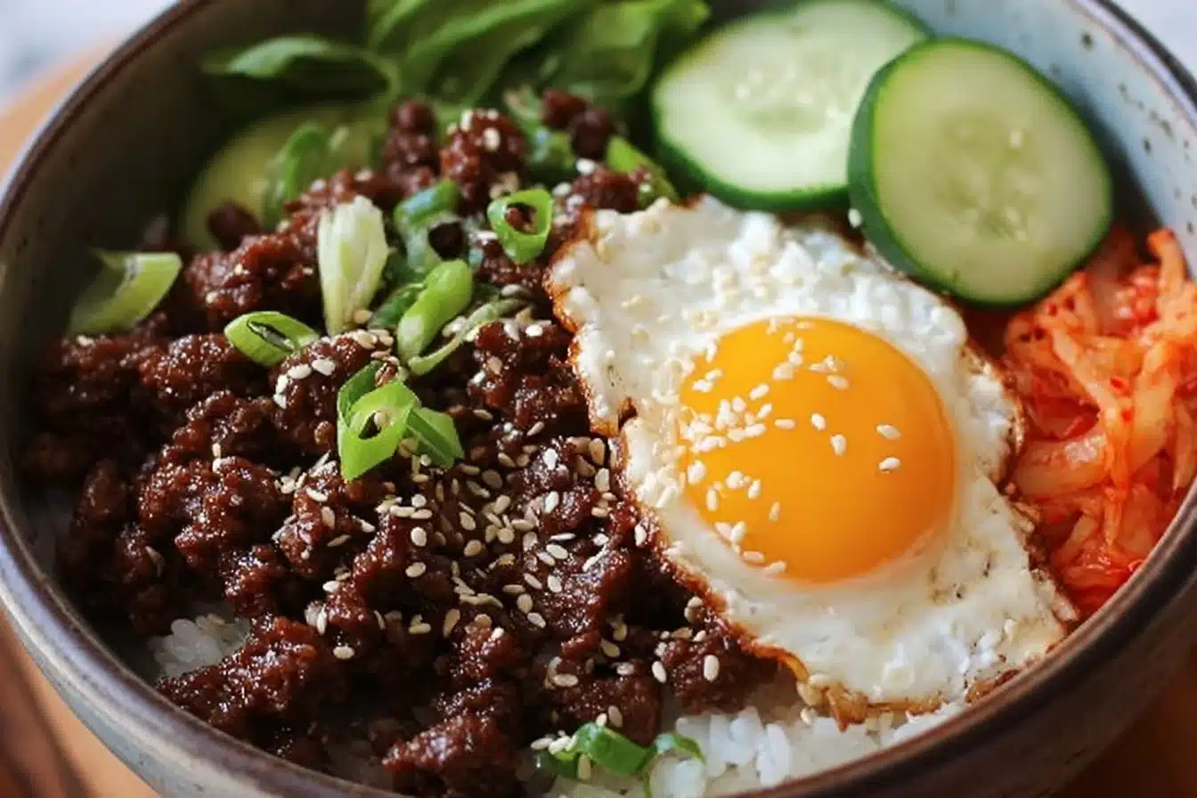Delicious Korean Beef Bowl served with rice and vegetables