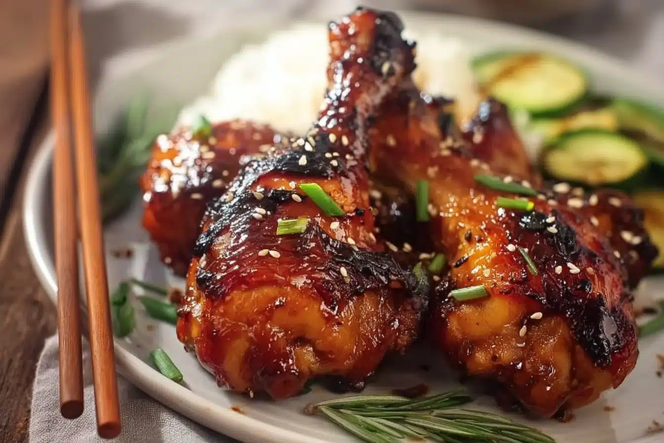 Grilled Korean Kalbi Chicken legs garnished with herbs and sesame seeds