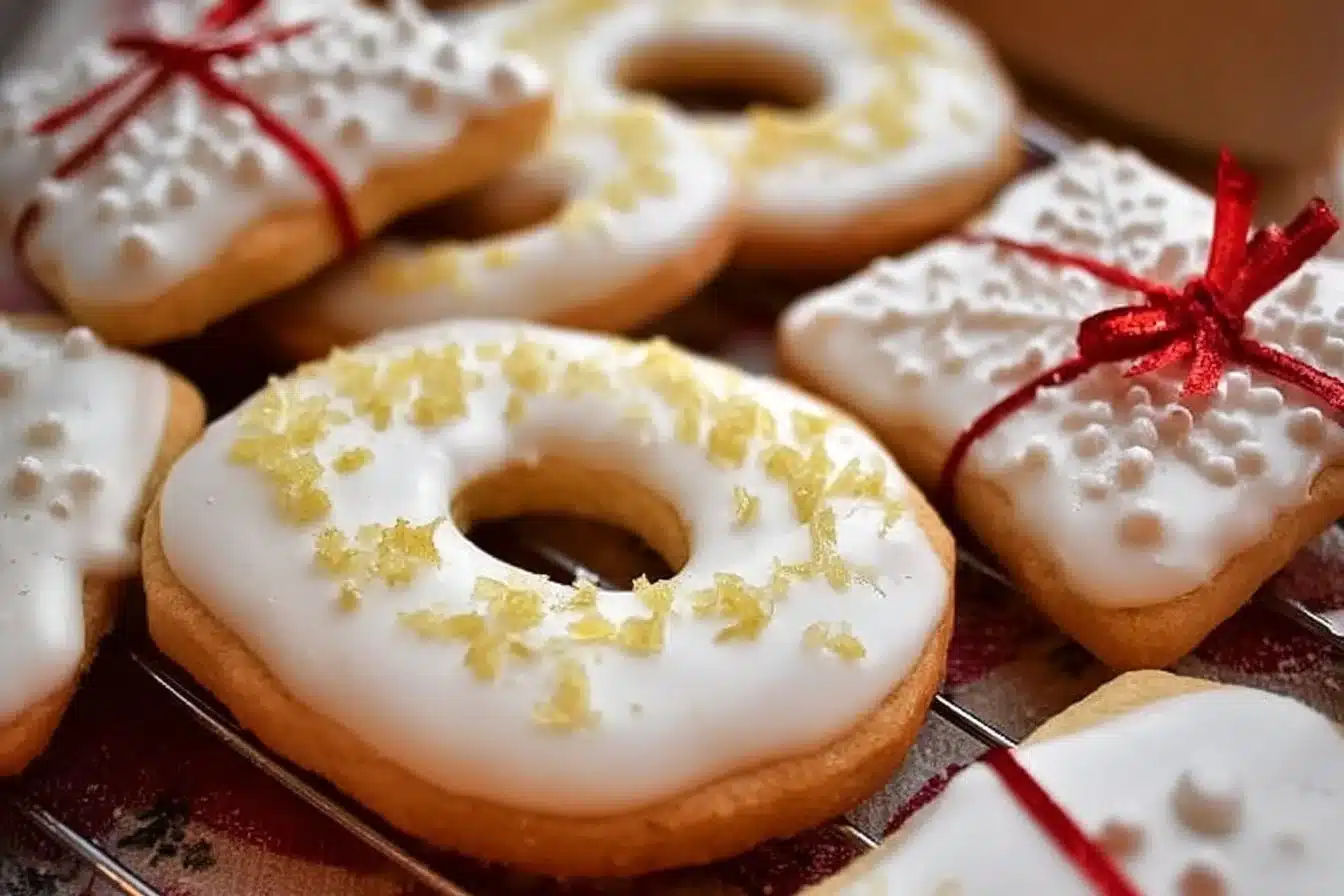 Lemon Christmas Cookies with Icing 3 Delicious Lemon Christmas Cookies with Icing on a festive plate