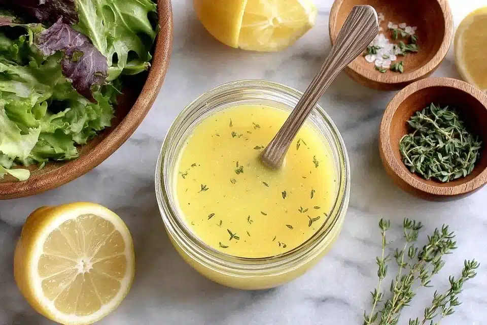 Lemon Salad Dressing 3 Homemade lemon salad dressing in a glass jar with fresh lemons