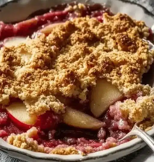 Delicious apple rhubarb crumble by Mary Berry, topped with golden crumble.
