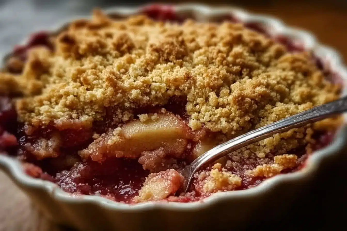 Mary Berry Apple & Rhubarb Crumble 2 Mary Berry apple and rhubarb crumble served in a dish