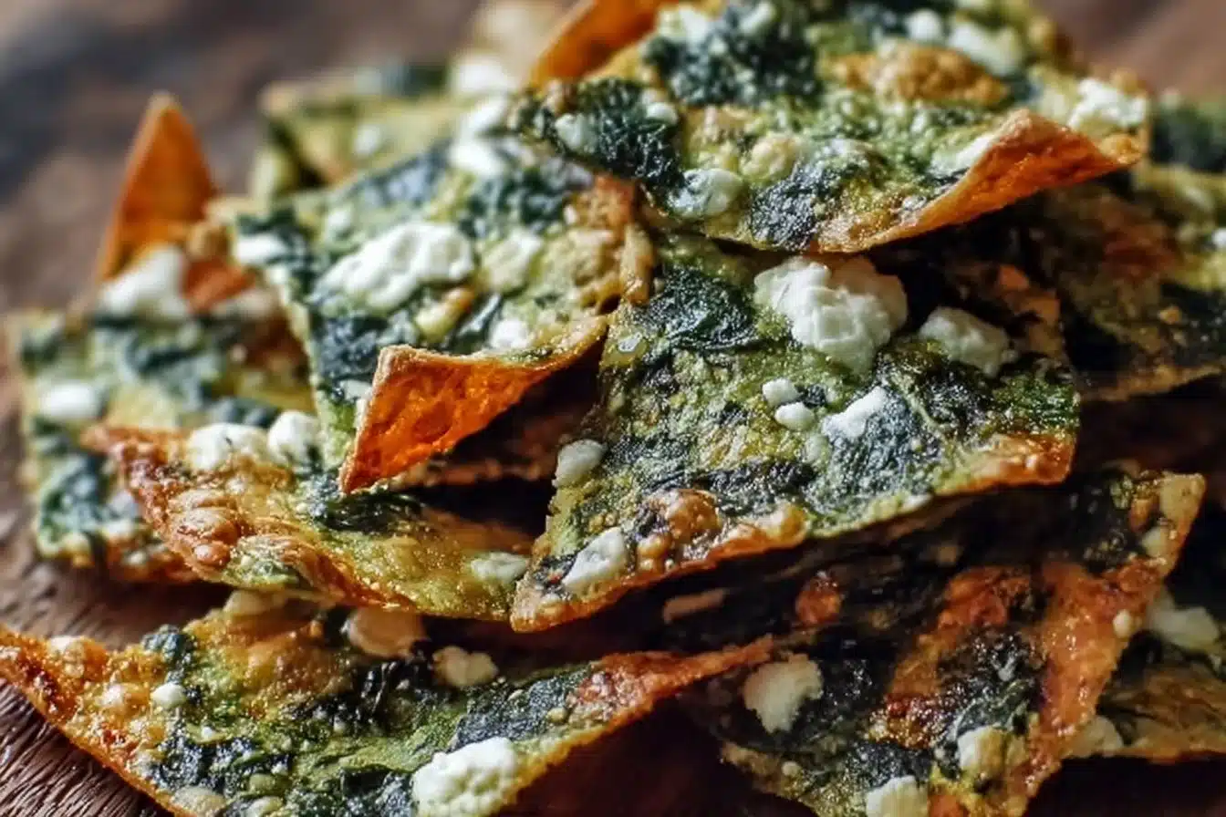 Bowl of Mediterranean Spinach Feta Crisps on a wooden table