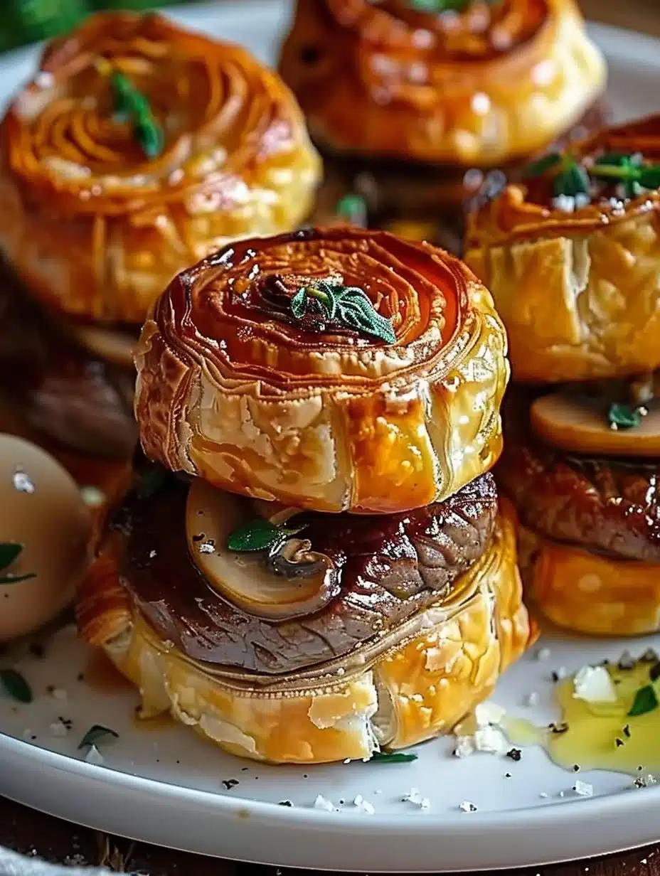 Mini Beef Wellington Bites on a serving platter garnished with herbs