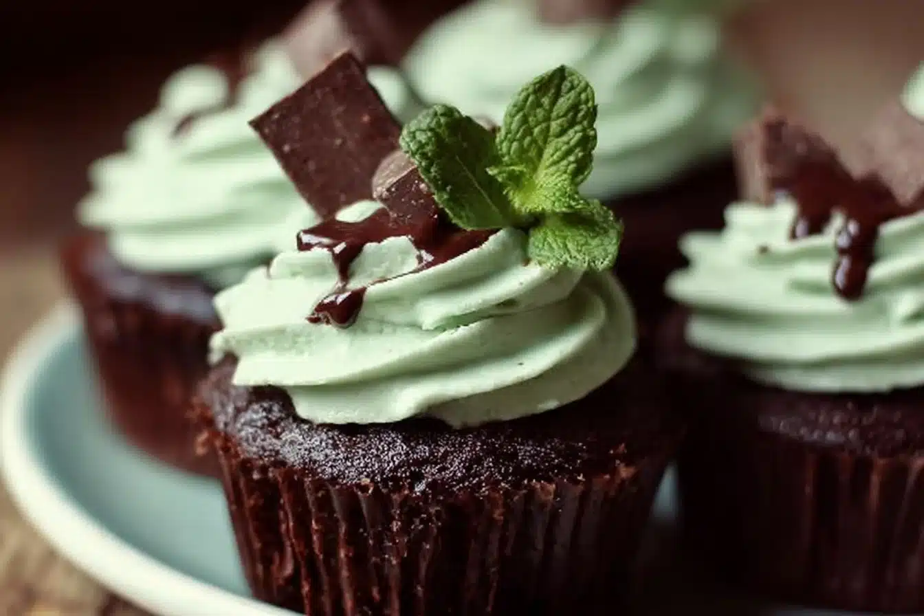Mint Chocolate Cupcakes 3 Delicious mint chocolate cupcakes with frosting and mint leaves on top