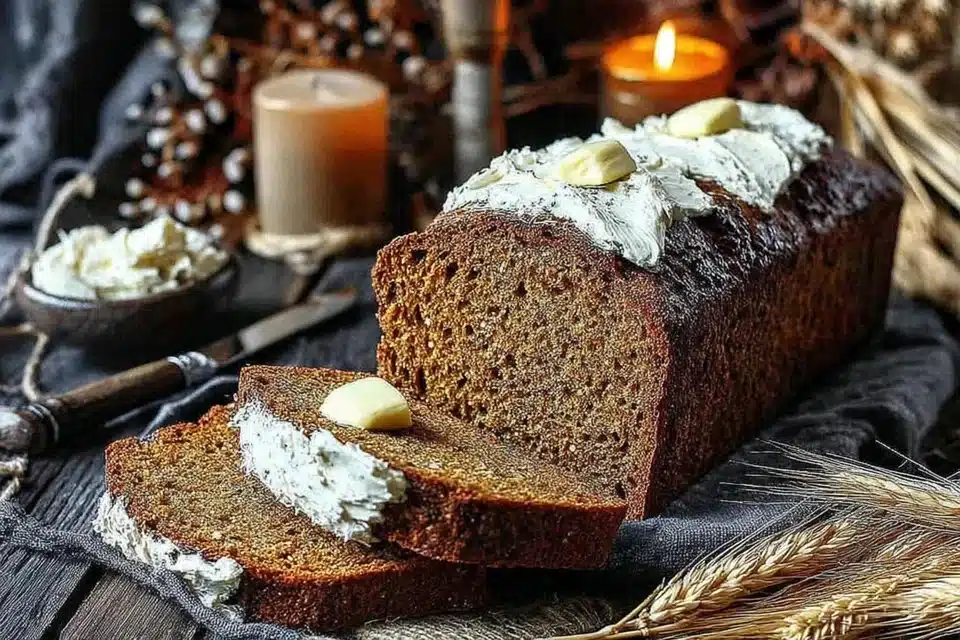 Freshly baked Molasses Brown Soda Bread on a wooden table