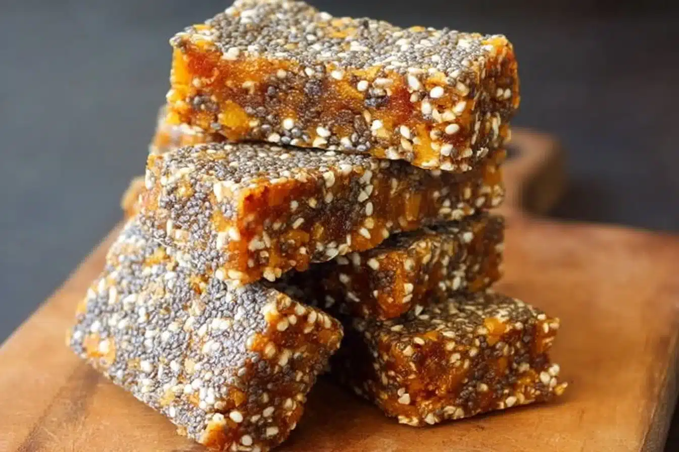 No-Bake Apricot Chia Energy Bars stacked on a wooden table
