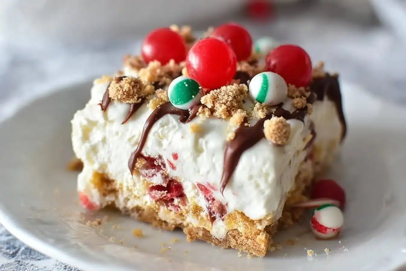 No-Bake Christmas Cookie Lush 2 No-bake Christmas cookie lush dessert with layers of festive ingredients