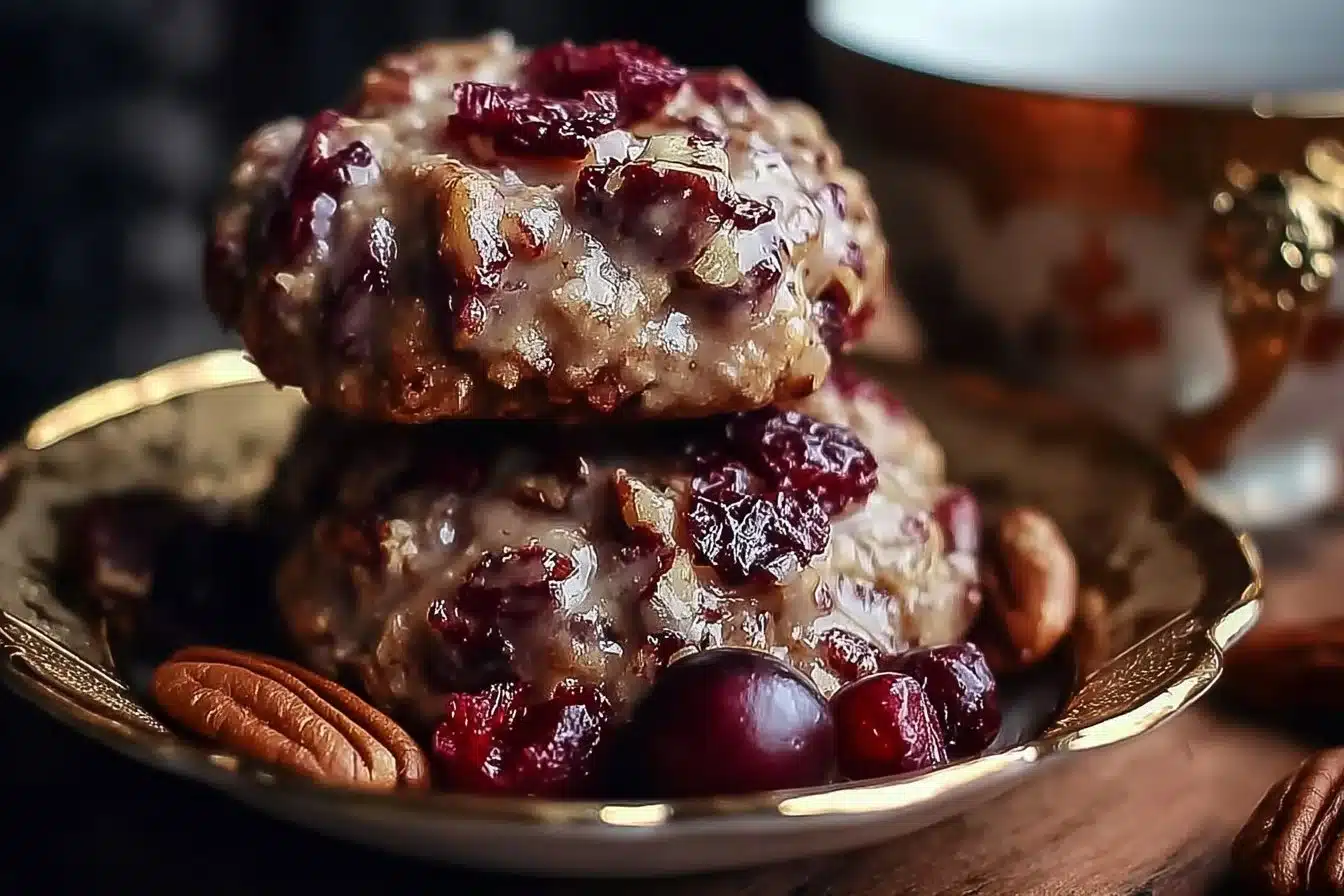 No-Bake Cranberry Pecan Praline Cookies 3 No-bake cranberry pecan cookies on a wooden platter