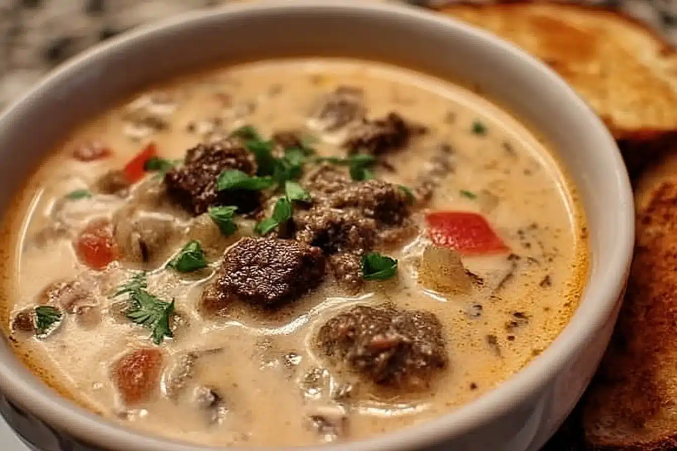 Delicious One-Pot Philly Cheesesteak Soup served in a bowl