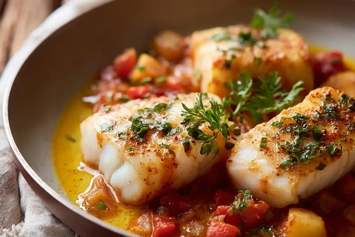 Delicious One-Pot Spiced Cod served with vegetables and herbs