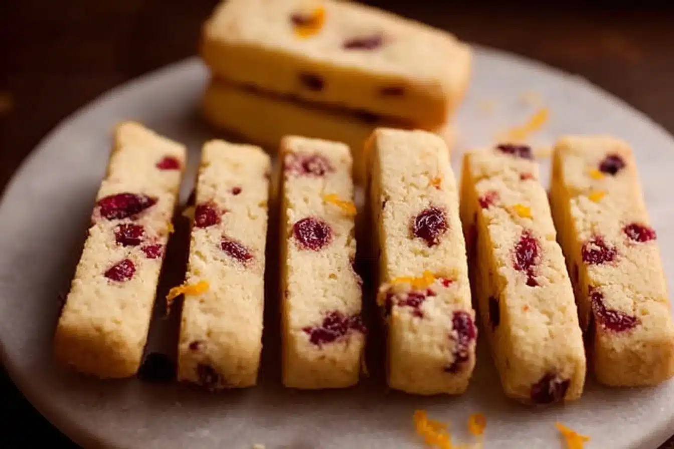 Plate of orange cranberry shortbread cookies with festive decorations