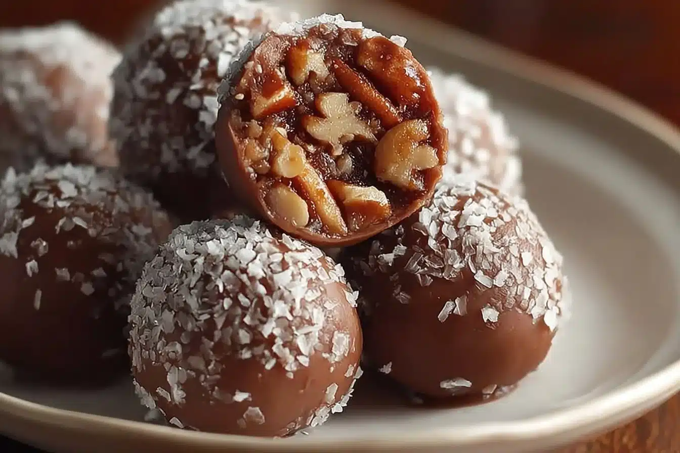 Pecan Pie Balls 3 Plate of delicious pecan pie balls, a dessert twist on the classic pecan pie.