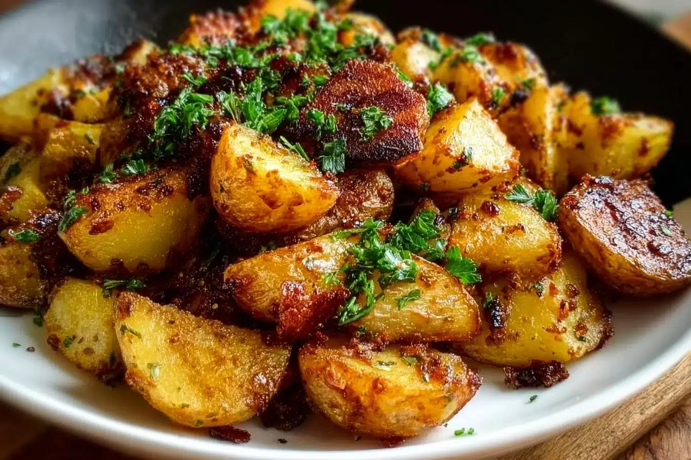Bowl of perfectly roasted breakfast potatoes garnished with herbs