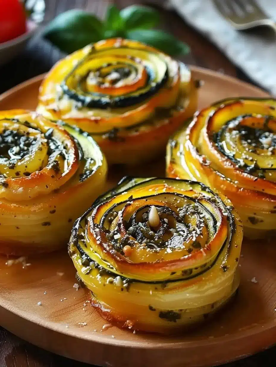 Pesto zucchini rosettes beautifully arranged on a plate with fresh basil.