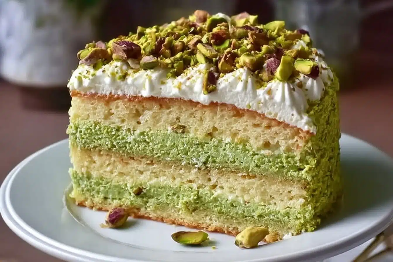 Delicious Pistachio Dacquoise Cake with layers of meringue and pistachio cream