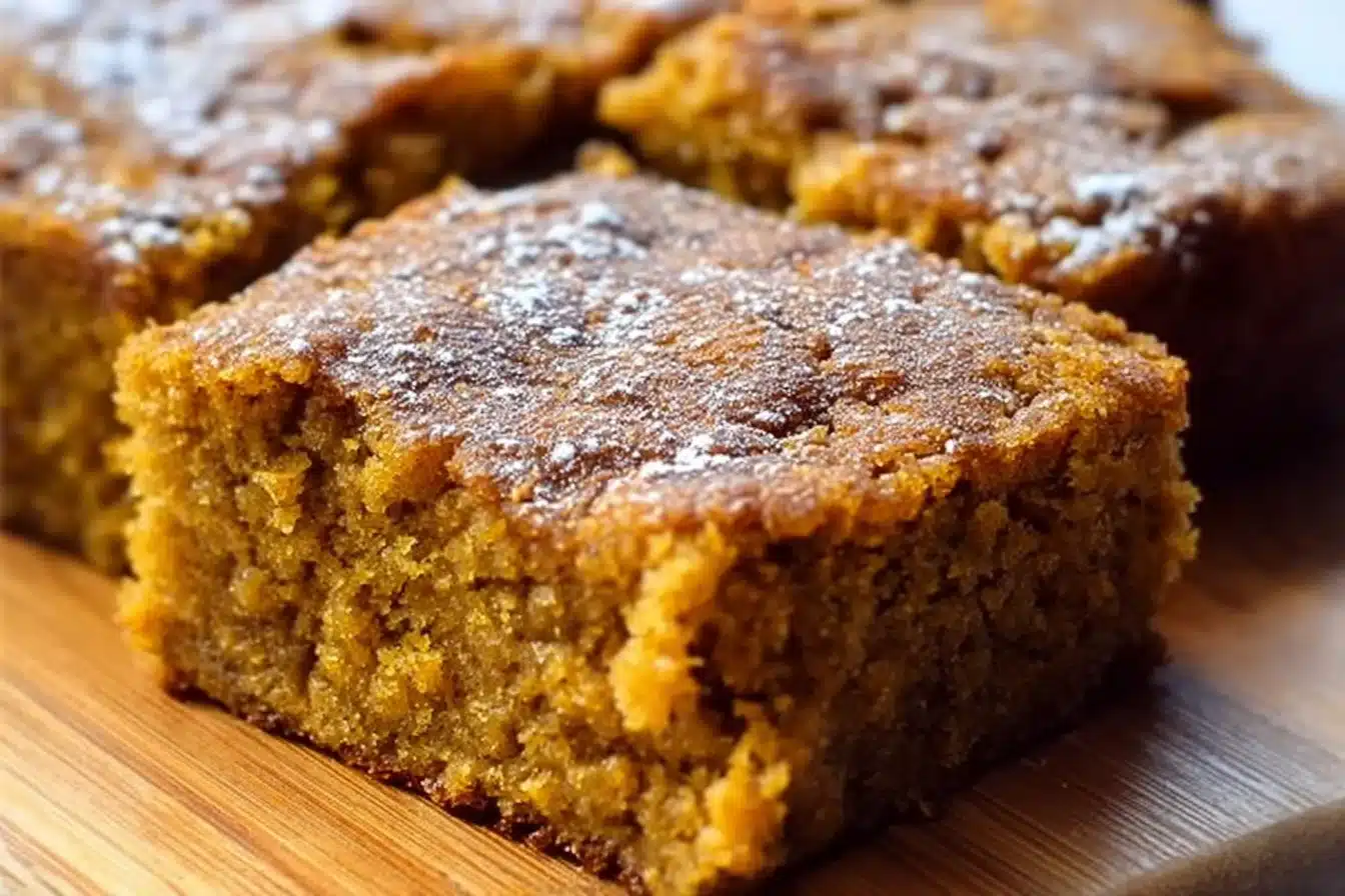Delicious Pumpkin Banana Bread Bars on a wooden platter