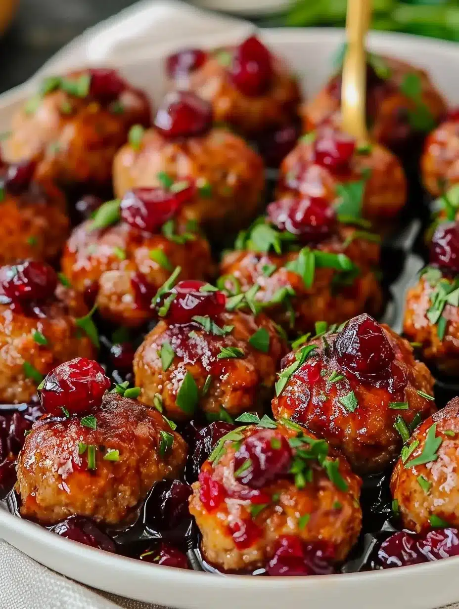 Bowl of quick cranberry meatballs served with sauce on a wooden table