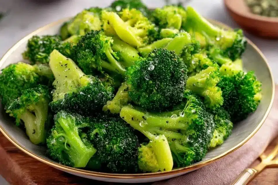 Quick and easy microwave broccoli dish ready to serve as a healthy side.