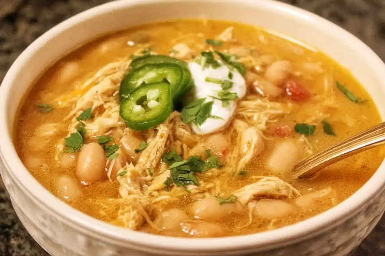 Bowl of quick and easy white bean chicken chili topped with fresh cilantro.