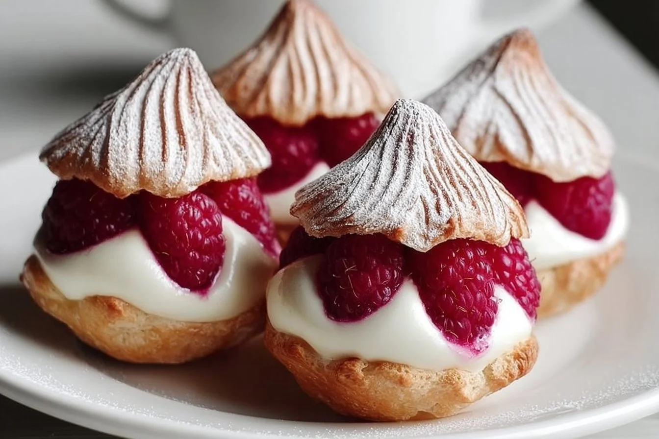 Raspberry Cream Puffs 3 Raspberry cream puffs on a wooden plate, dusted with powdered sugar.