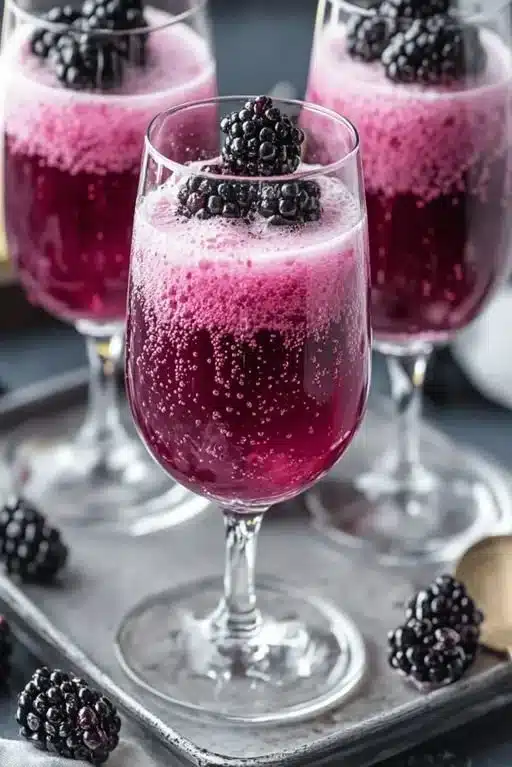 Refreshing blackberry mimosa cocktail with blackberries and champagne