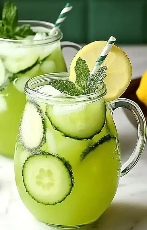 Glass of refreshing cucumber lemonade garnished with mint leaves