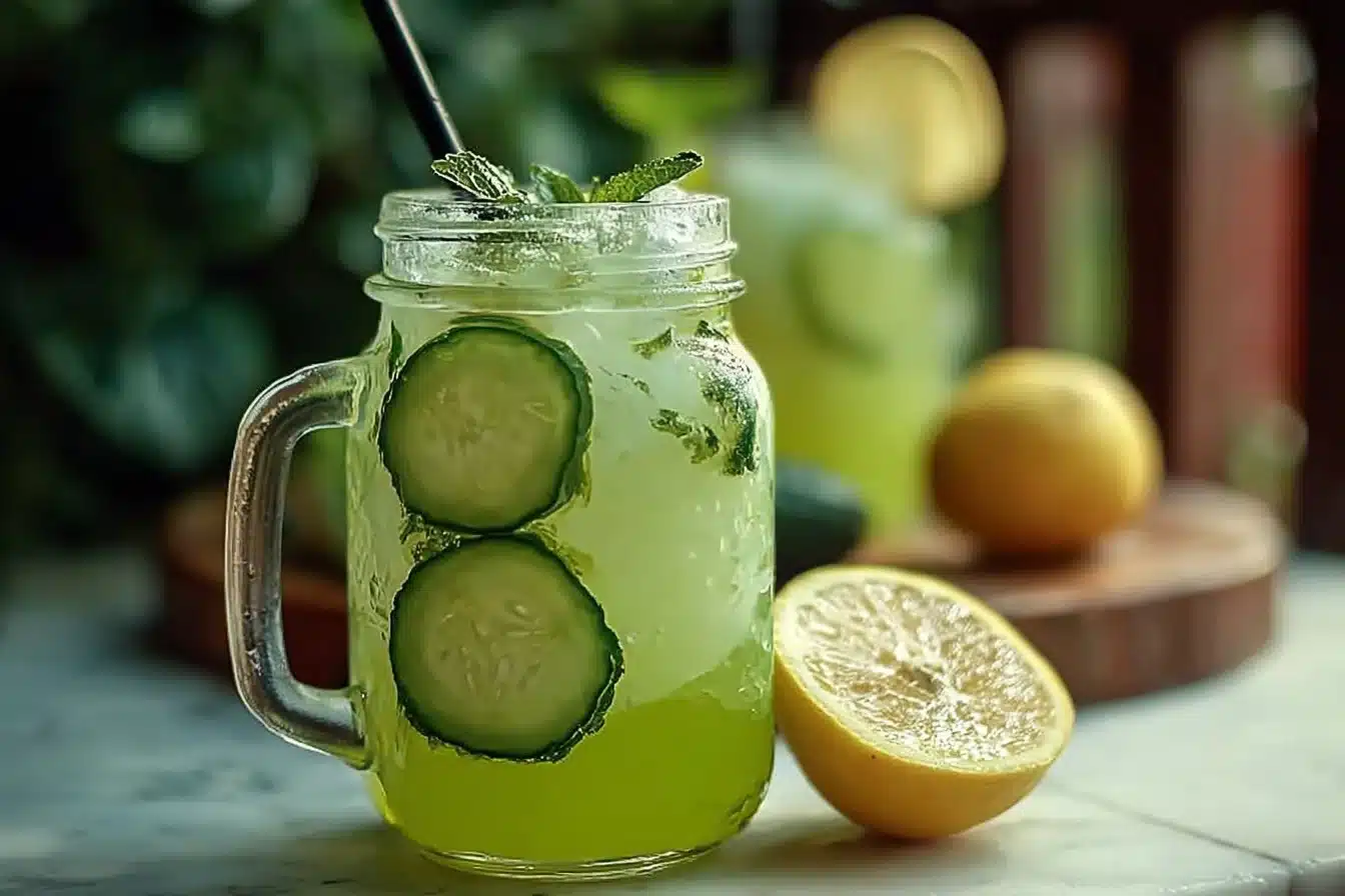 Refreshing Cucumber Lemonade 3 Glass of refreshing cucumber lemonade with lemon slices and mint