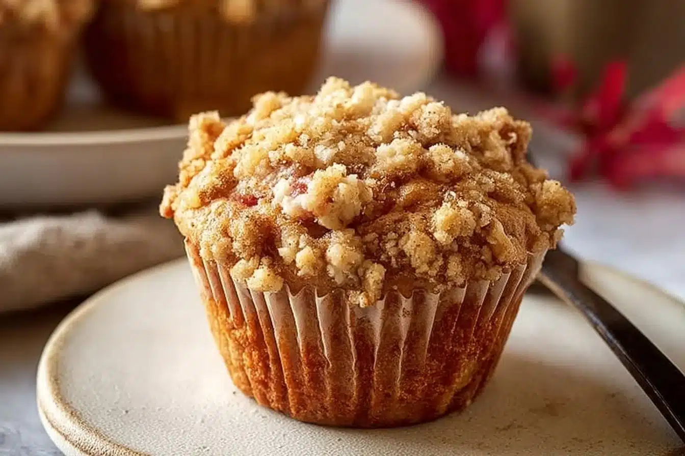 Rhubarb Muffins with Streusel Topping 3 Delicious rhubarb muffins topped with streusel, freshly baked for dessert.