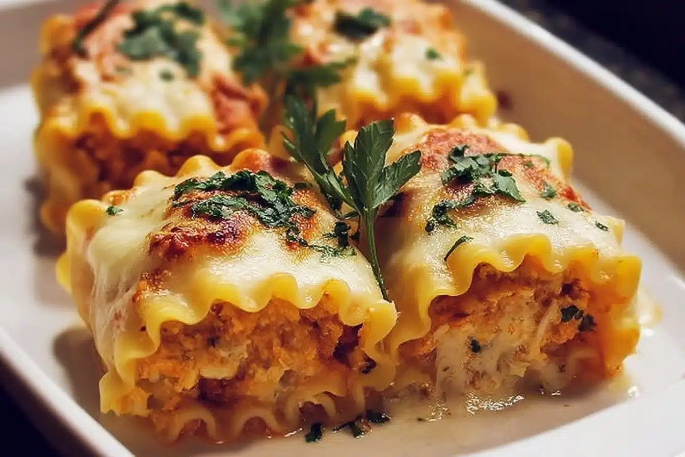 Roasted Garlic Butternut Squash Lasagna Roll-Ups topped with cheese and herbs