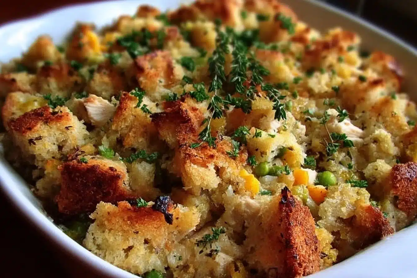 Delicious rotisserie chicken stuffing casserole served in a baking dish