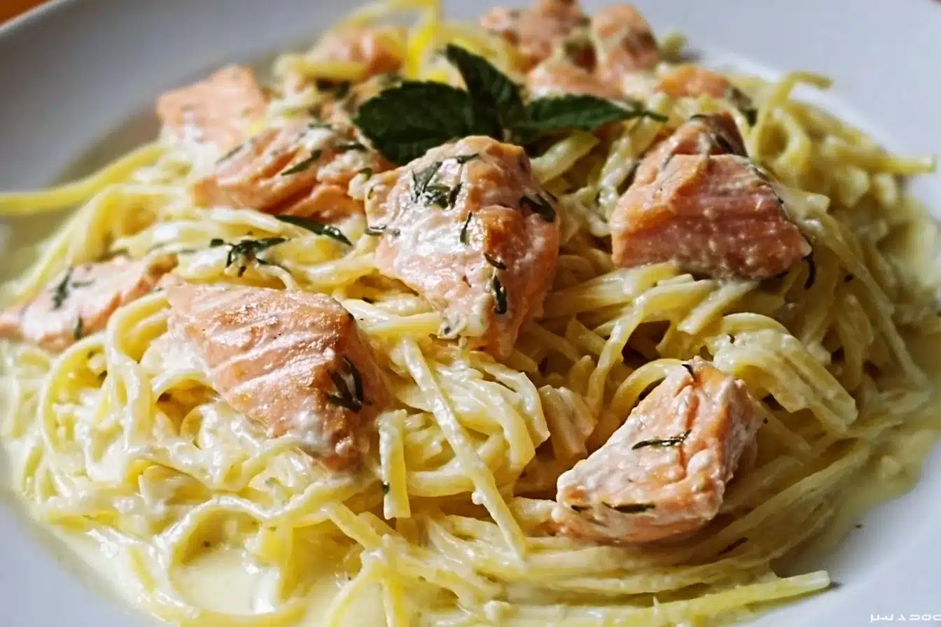 Salmon pasta with lemon cream sauce served in a bowl