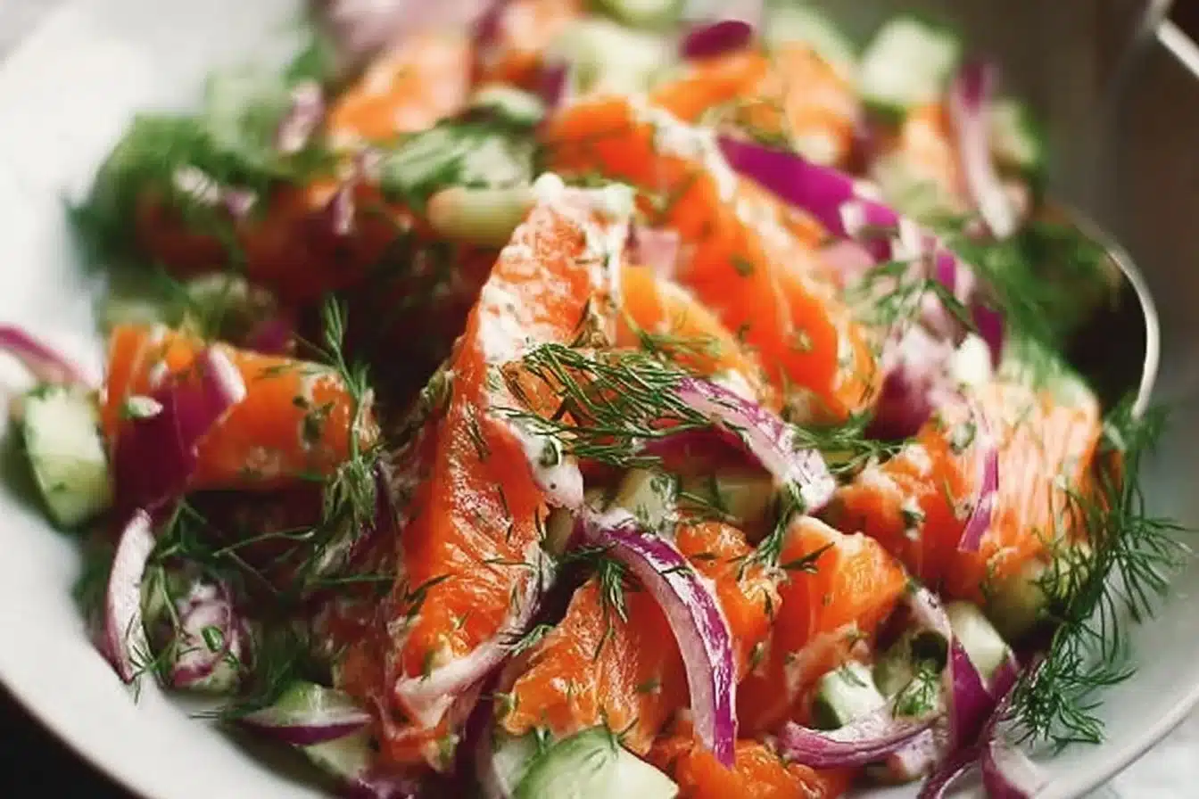 Fresh salmon salad with mixed greens and vegetables
