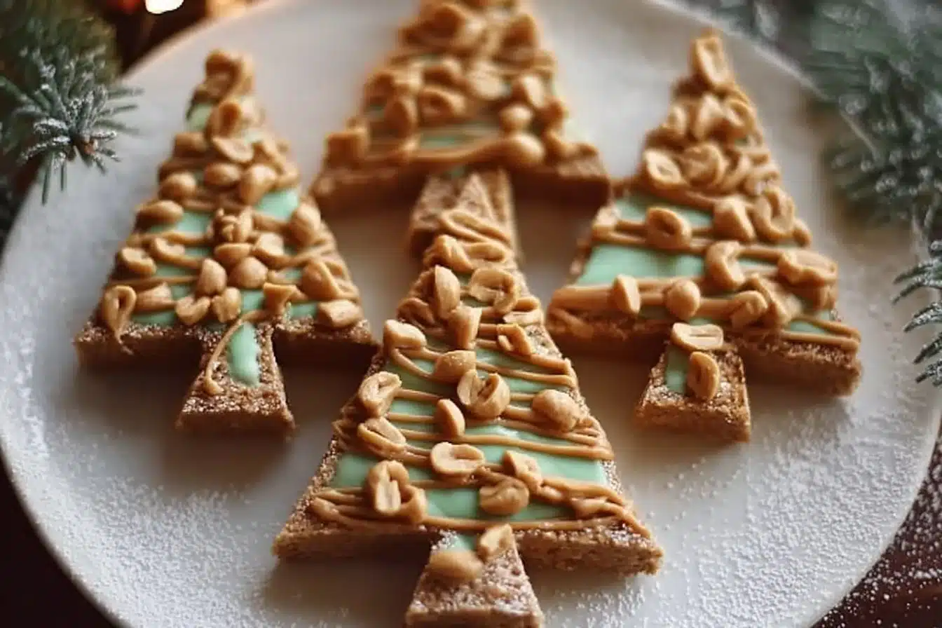 Salted Peanut Butter Christmas Trees 3 Salted Peanut Butter Christmas Trees served on a festive platter