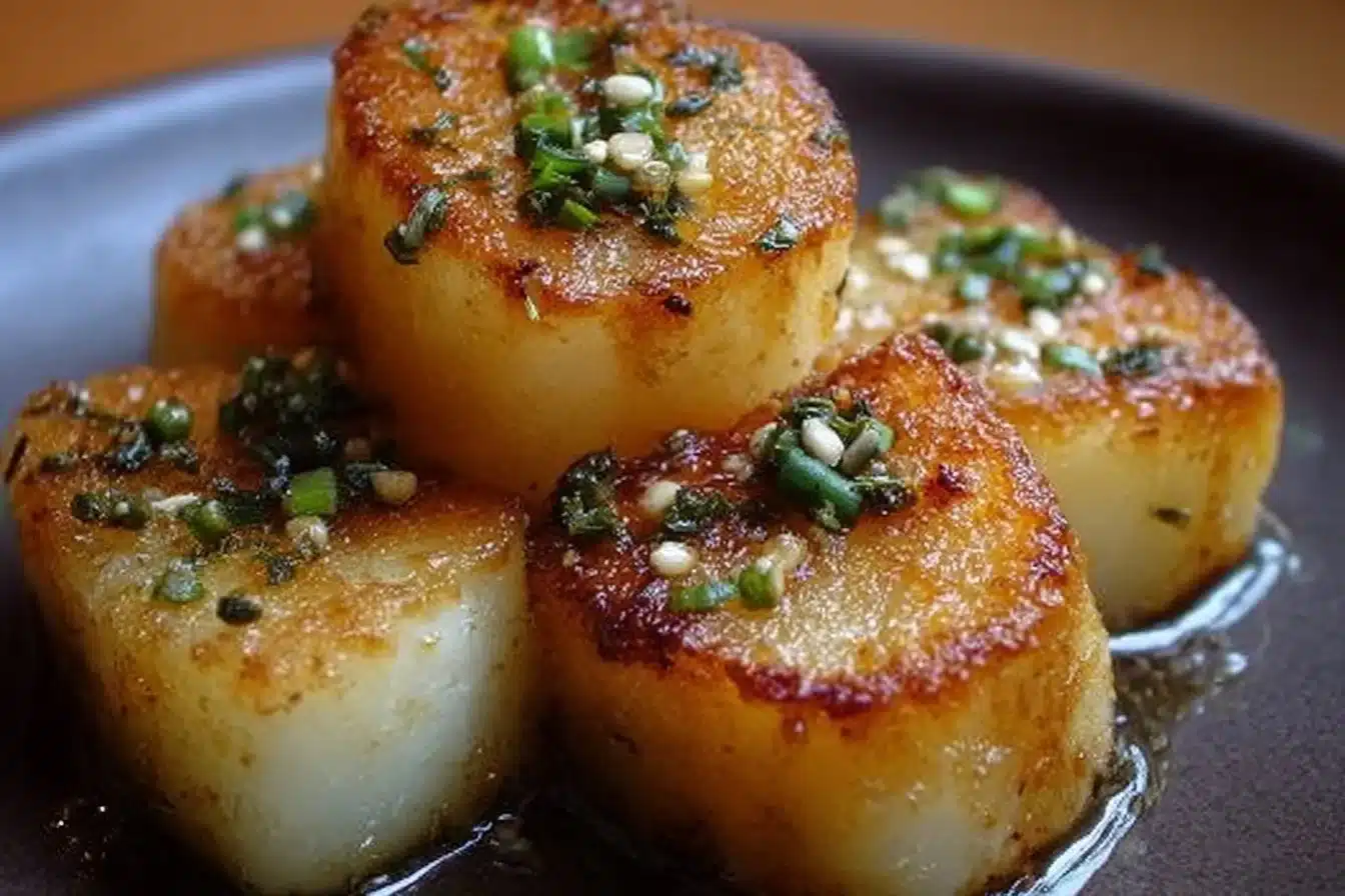 Delicious savory pan-fried Japanese potato mochi served on a plate