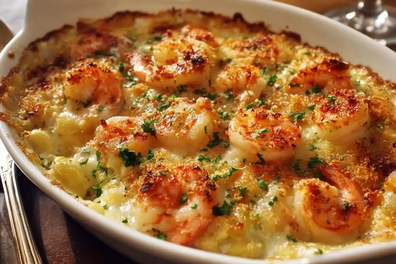 Creamy seafood gratin baked to golden perfection with cheese