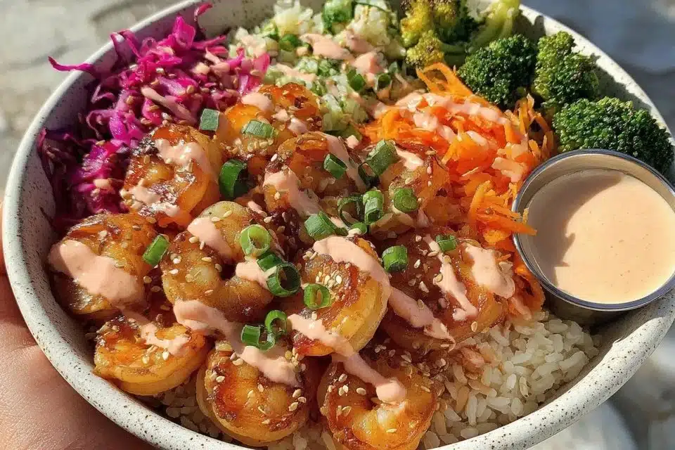 Delicious shrimp rice bowl garnished with vegetables and herbs