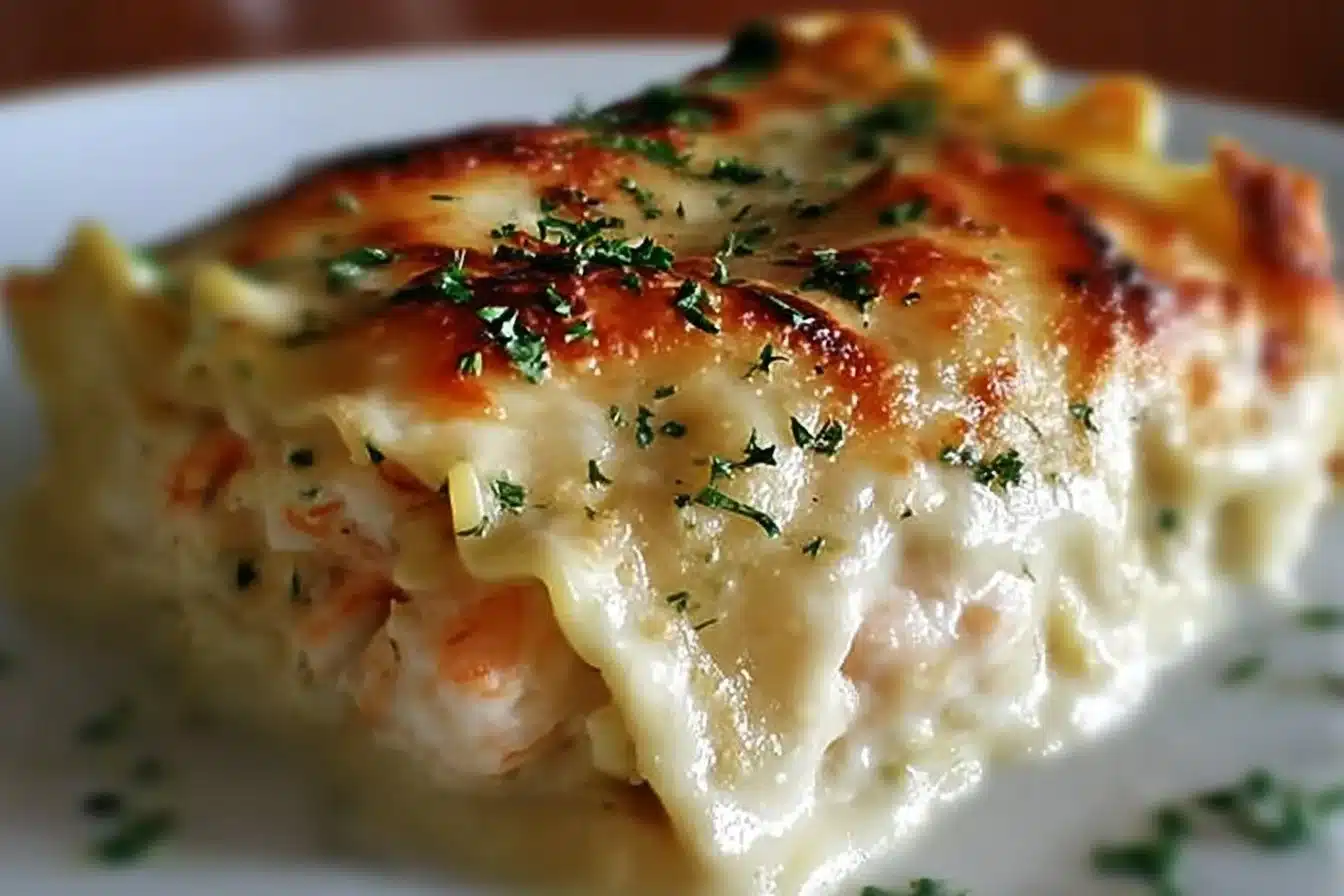 Shrimp and crab Alfredo lasagna roll served on a plate
