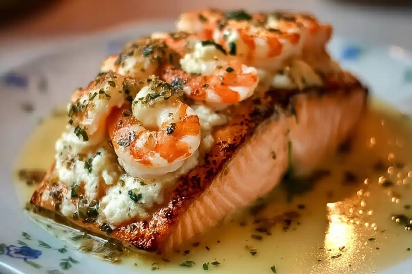 Shrimp-stuffed salmon fillet garnished with herbs and lemon