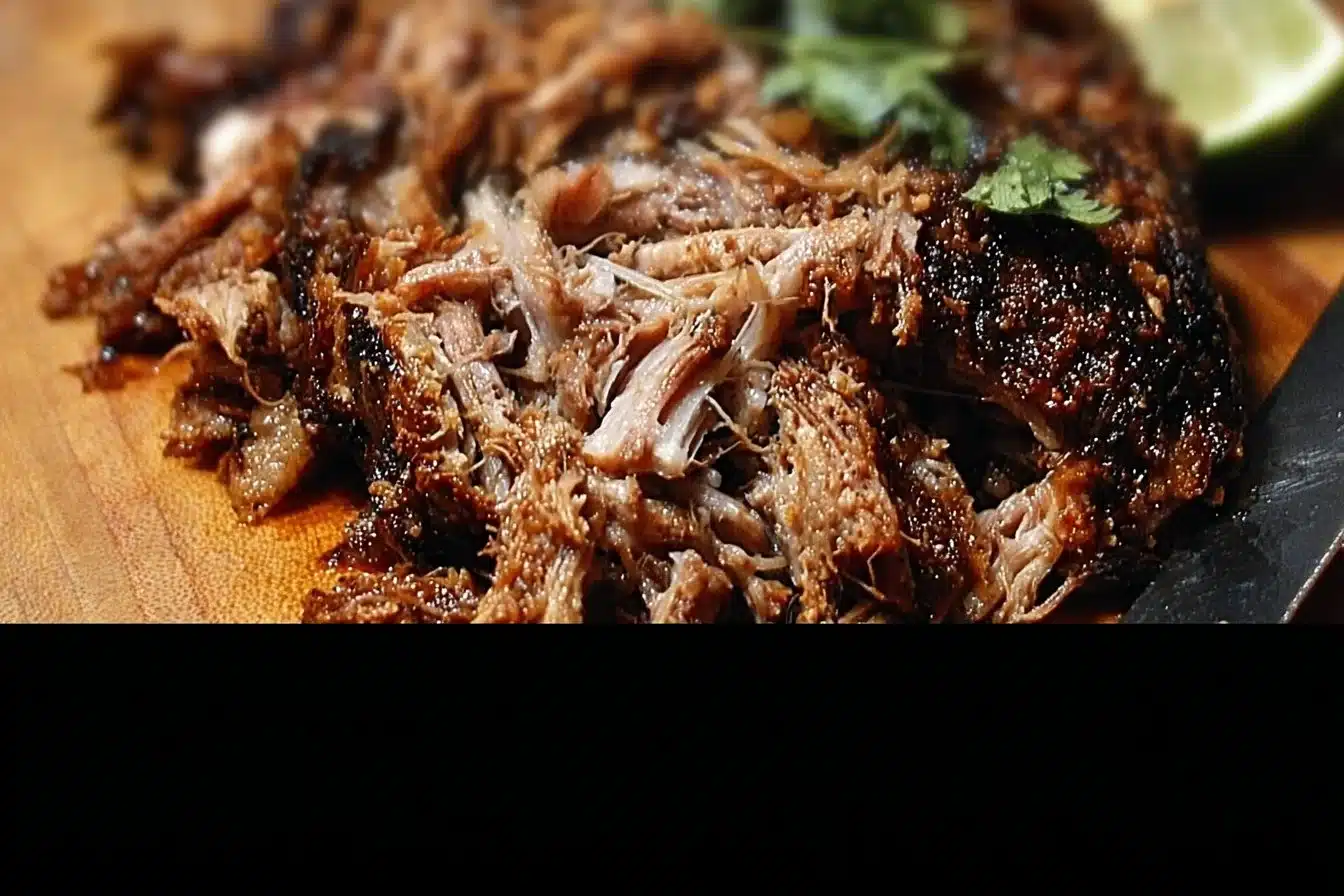 Slow cooker carnitas dish with garnishes and tortillas
