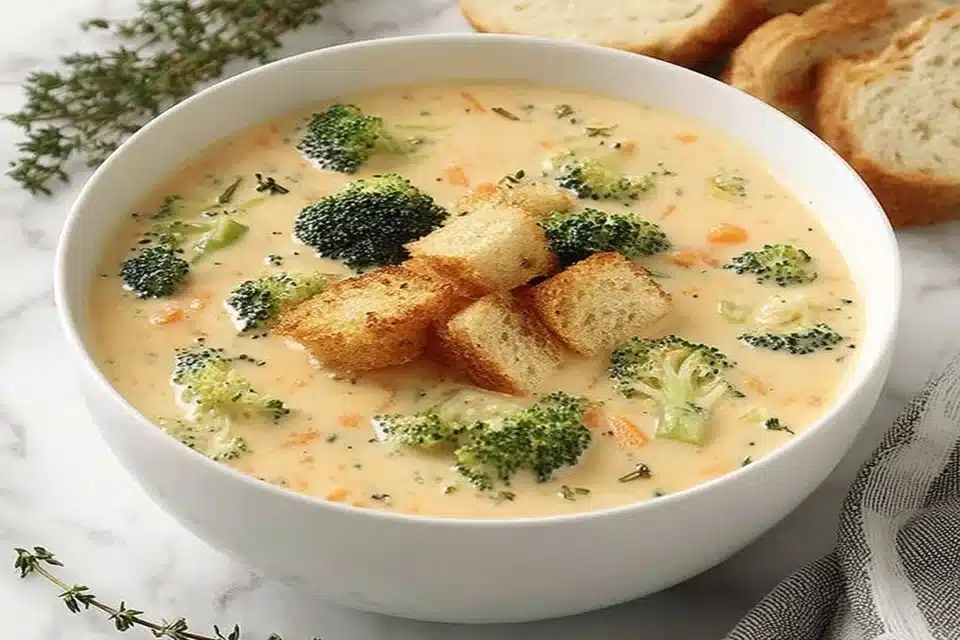 Bowl of creamy Smoked Gouda Broccoli Soup garnished with fresh herbs